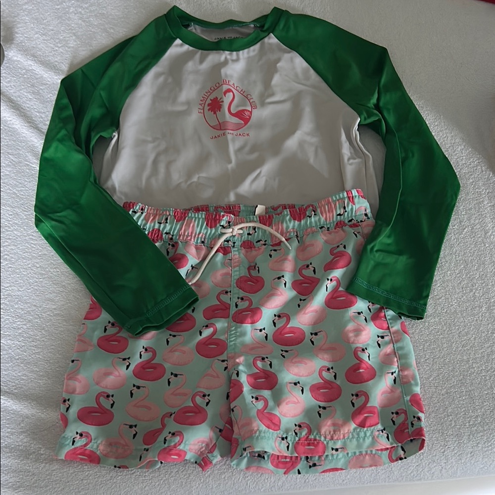 Green and White Rash Guard with Flamingo Swim Shorts